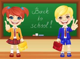 smiling schoolchildren near blackboard vector