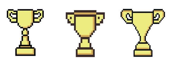 píxel Arte dorado trofeo taza icono antiguo, 8 poco, años 80, 90s juegos, computadora arcada juego elementos. competencia premio trofeo. deporte logro. inspirado por juegos desde el años 90 digital Clásico juego estilo. vector