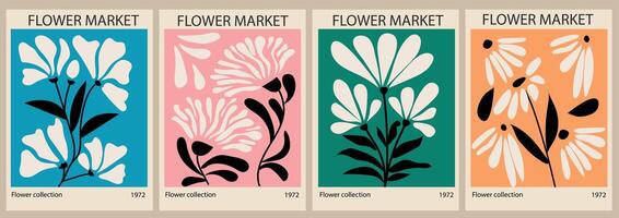 Set of abstract Flower Market posters. Trendy botanical wall arts with floral design in bright colors. Modern naive funky interior decorations. Art illustration vector