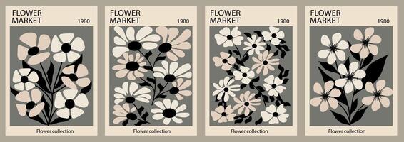 Set of abstract Flower Market posters. Trendy botanical wall arts with floral design in bright colors. Modern naive funky interior decorations. Art illustration vector