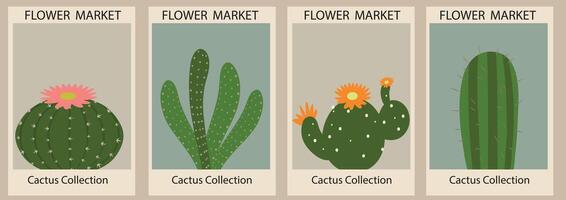 Set of abstract contemporary aesthetic Flower Market posters. Trendy botanical wall arts with cactuses design in bright colors. Modern naive funky interior decorations. Boho art illustration. vector