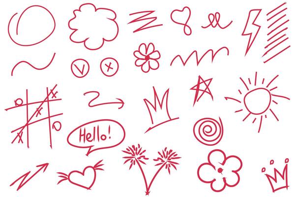 Set of red pen line doodle element. Hand drawn doodle style collection of heart, arrows, scribble, flower, star, crown, scribble. For print, cartoon, card, decoration, sticker.