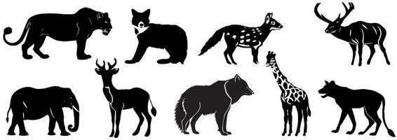 salvaje animales negro siluetas elefante, jirafa, león, hipopótamo, hiena, rin, cebra. salvaje, Doméstico animales iconos conjunto de negro animal silueta. vector
