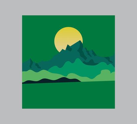 a mountain scene with a yellow sun and clouds