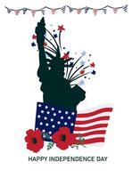 Independence Day greeting card. Silhouette of the Statue of Liberty, american flag and red poppies. vector