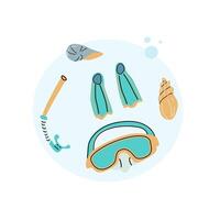 Scuba diving equipment and seashell on round background - summer vacation underwater trip banner. Can used for greeting card, postcard, poster. vector