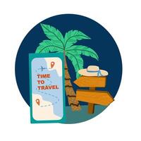 Summer vacation ticket booking concept background. Trip on plane and online service for booking ticket and hotel. Airplane, tickets, passport, phone with map cartoon banner on blue background. vector