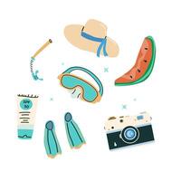 Summer vacation journey elements on blue background. Resort on beach concept design. Camera and protect accessories. vector