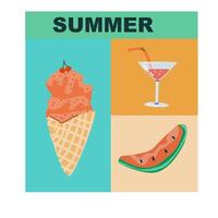Summer vacation design. Geometry Summer poster. Ice cream, cocktail and watermelon . Abstract background. Perfect background for posters, cover art, flyer, banner. vector