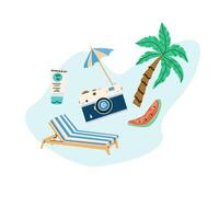 verano vacaciones viaje elementos en azul antecedentes. recurso en playa concepto diseño. cámara y proteger accesorios. vector