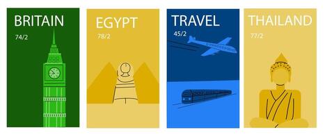 Travel destinations Europe and Asia posters set. Famous elements in world, statues and building. vector