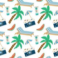 Summer vacation seamless pattern with beach elements and accessories. Can used for print for textile, wallpaper, backdrops. vector