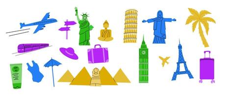 Travel destinations Europe, Asia and America famous and trip summer elements set. Statues and building for landmark posters, cover design. vector