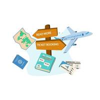 Summer vacation ticket booking concept background. Trip on plane and online service for booking ticket and hotel. Airplane, tickets, passport, phone with map cartoon banner on blue background. vector