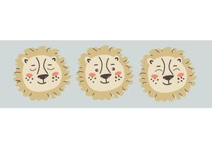 Set of cute lions faces or heads with different emotions for kids. Tropical jungle cartoon character in trendy scandinavian style, portraits of predator in childish style. Can used for posters. textile and prints. vector