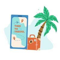 Summer vacation ticket booking concept background. Trip on plane and online service for booking ticket and hotel. Airplane, tickets, passport, phone with map cartoon banner on blue background. vector