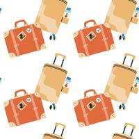 Seamless pattern with touristic items luggage, tickets and plane. Endless texture about trip and flight. Flat illustration vector