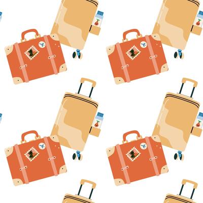 Seamless pattern with touristic items luggage, tickets and plane. Endless texture about trip and flight. Flat illustration
