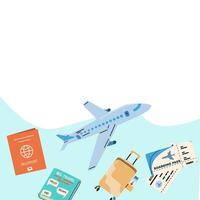 Summer vacation ticket booking concept background. Trip on plane and online service for booking ticket and hotel. Airplane, tickets, passport, phone with map cartoon banner on blue background. vector