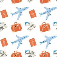 Seamless pattern with touristic items luggage, tickets and plane. Endless texture about trip and flight. Flat illustration vector