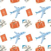 Seamless pattern with touristic items luggage, tickets and plane. Endless texture about trip and flight. Flat illustration vector