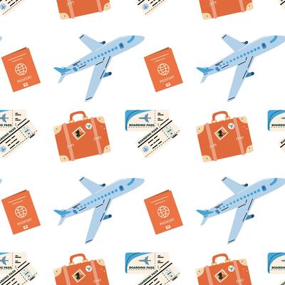 Seamless pattern with touristic items luggage, tickets and plane. Endless texture about trip and flight. Flat illustration