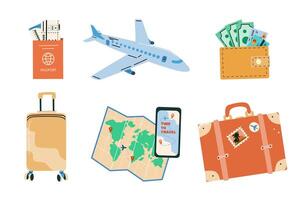 Summer vacation plane and other journey or trip elements for flight and travel to sea. Beach summer stickers palm, sunbed, umbrella, camera. Luggage, phone and paper map, airplane, suitcase and wallet, tickets. Cartoon trip patches in retro colors. vector