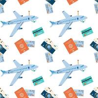 Seamless pattern with touristic items luggage, tickets and plane. Endless texture about trip and flight. Flat illustration vector