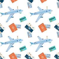 Seamless pattern with touristic items luggage, tickets and plane. Endless texture about trip and flight. Flat illustration vector