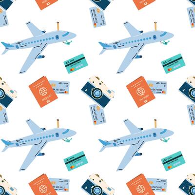 Seamless pattern with touristic items luggage, tickets and plane. Endless texture about trip and flight. Flat illustration