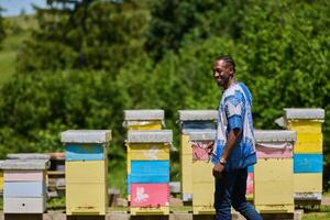 African American Teenager Exploring Small Beekeeping Businesses in Traditional Sudanese Attire amidst Nature photo