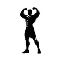 Strong man showing muscles silhouette. Muscular bodybuilder full length body vector