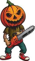 Cartoon scary pumpkin holding chainsaw vector