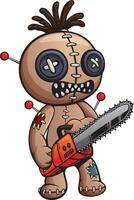 Cartoon voodoo doll holding chainsaw vector
