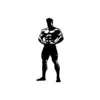 Strong man showing muscles silhouette. Muscular bodybuilder full length body vector