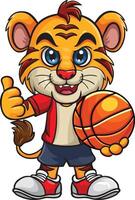 Cartoon tiger mascot holding basketball ball vector