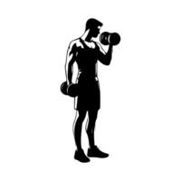 Strong man showing muscles silhouette. Muscular bodybuilder full length body vector