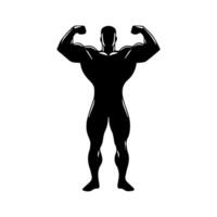 Strong man showing muscles silhouette. Muscular bodybuilder full length body vector