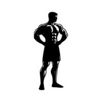 Strong man showing muscles silhouette. Muscular bodybuilder full length body vector