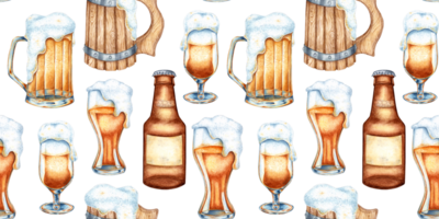 Beer in different containers mug, glass, goblet, bottle, pattern watercolor illustration. Harvest festival, Oktoberfest beer festival. Compositions for posters, cards, banners, flyers, covers, png