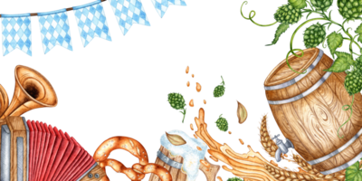 birra Festival bandiera isolato su sfondo acquerello illustrazione. tradizionale vacanza elementi cappello, birra tazza, botte, fisarmonica, tromba, vacanza bandiere, Grano, luppolo le foglie e birra schizzi. png