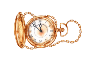 Gold pocket watch with open cover and elegant chain watercolor illustration. Vintage style with Roman numerals on the dial. Isolated from background. For invitations, greeting cards, prints, posters png