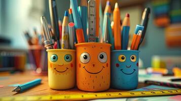 closeup cute illustration, stationary, pens and a ruler, all have faces, on desk, in a pen holder, bored, waiting to be used by someone photo