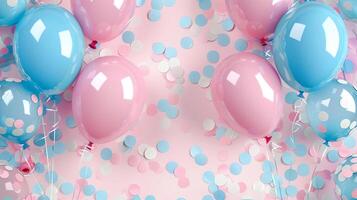 Pink and blue balloons and confetti background with copy space for festive gender reveal party or baby shower backdrop photo