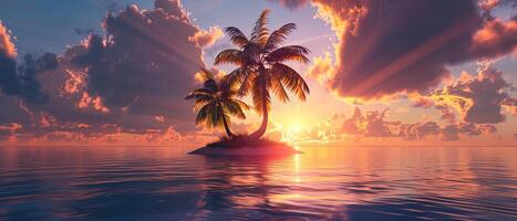 an small island with palm tree, sunset, summer time photo