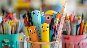 closeup cute illustration, stationary, pens and a ruler, all have faces, on desk, in a pen holder, bored, waiting to be used by someone photo