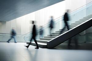 People traveling, walking through stair, motion blur, wide shot photo