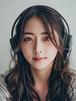 Rhythm with both hands while listening to fun music, Put on your headphones, a beautiful korean woman who resembles an idol, gentle smile, without makeup, staring at the camera photo