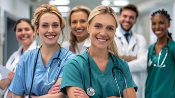 Hospital medical team banner with group of smiling healthy doctors and nurses photo