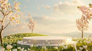3d podium stage in the spring land background photo